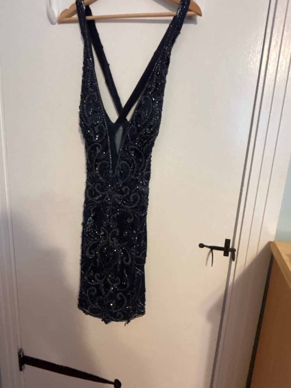 Navy Beaded V-Neck Mini Dress